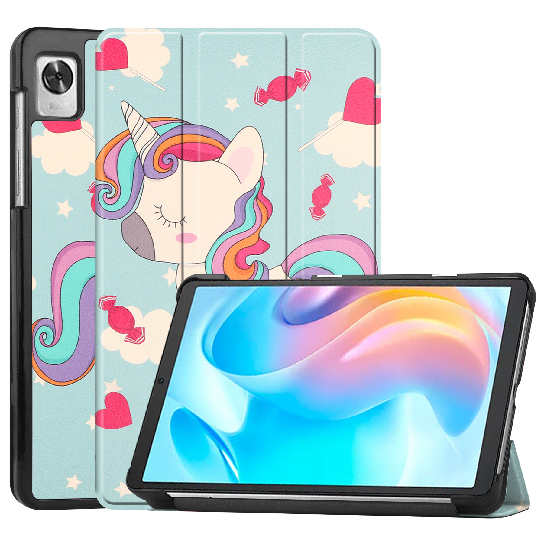 Case2go - Tablet Hoes geschikt voor Realme Pad Mini - 8.7 inch - Tri-Fold Book Case - Auto Wake functie - Eenhoorn afbeelding