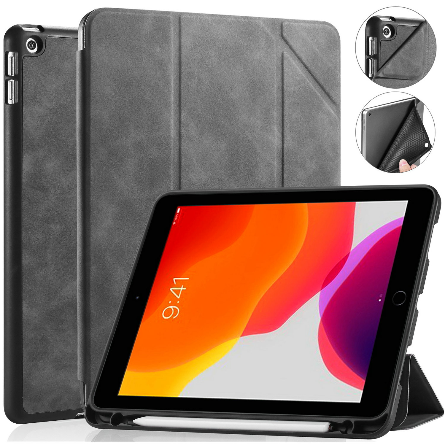 CaseMe - Tablet hoes geschikt voor iPad 10.2 (2021/2020/2019) - Ming Book Case - Tablethoes met Auto Wake/Sleep functie - Grijs afbeelding