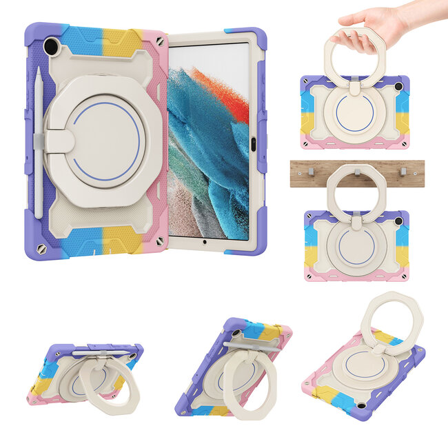 Tablet Hoes geschikt voor Samsung Galaxy Tab A8 (2022 &amp;amp; 2021) - 10.5 Inch - Armor Case met Ring - Pencil Houder - Regenboog Roze
