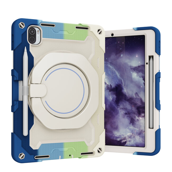 Tablet Hoes geschikt voor Xiaomi Pad 5 / 5 Pro - 11 Inch - Armor Case met Ring - Pencil Houder - Regenboog Blauw