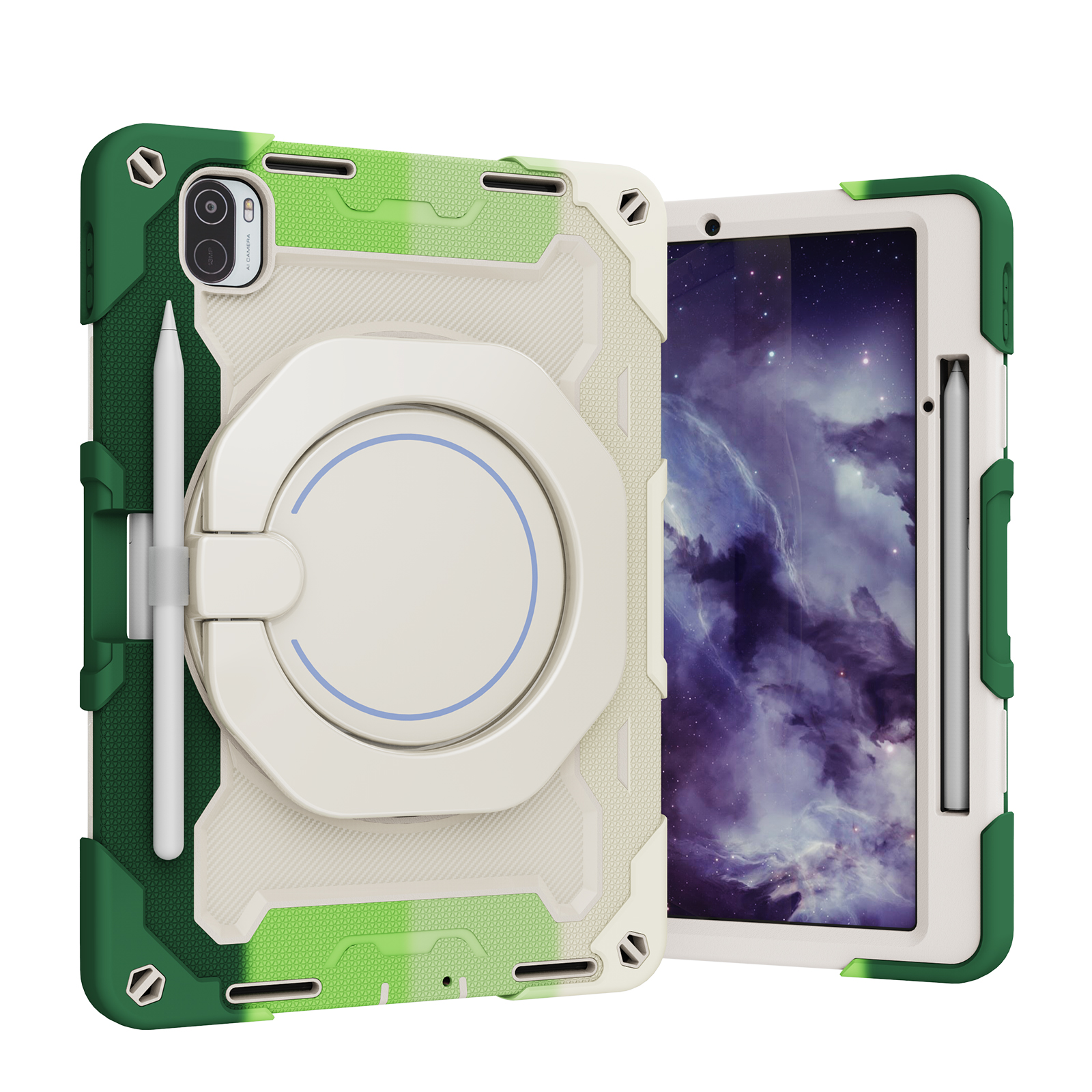 Tablet Hoes geschikt voor Xiaomi Pad 5 / 5 Pro - 11 Inch - Armor Case met Ring - Pencil Houder - Regenboog Groen afbeelding