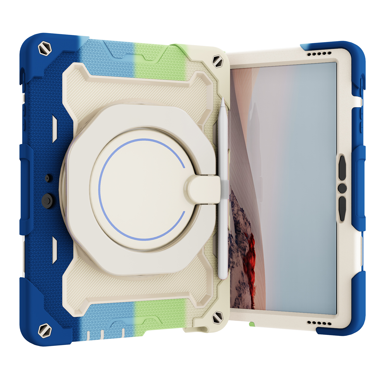 Tablet Hoes geschikt voor Microsoft Surface Go / Go 2 / Go 3 / Go 4 - 10 Inch - Armor Case met Ring - Pencil Houder - Regenboog Blauw afbeelding