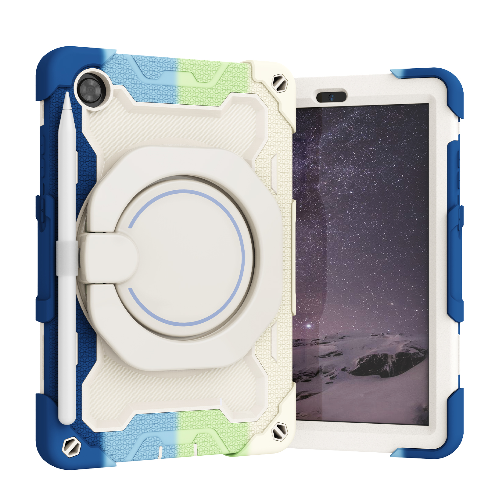 Tablet Hoes geschikt voor Lenovo Tab M8 (3rd gen) - 8 Inch - Armor Case met Ring - Pencil Houder - Regenboog Blauw afbeelding