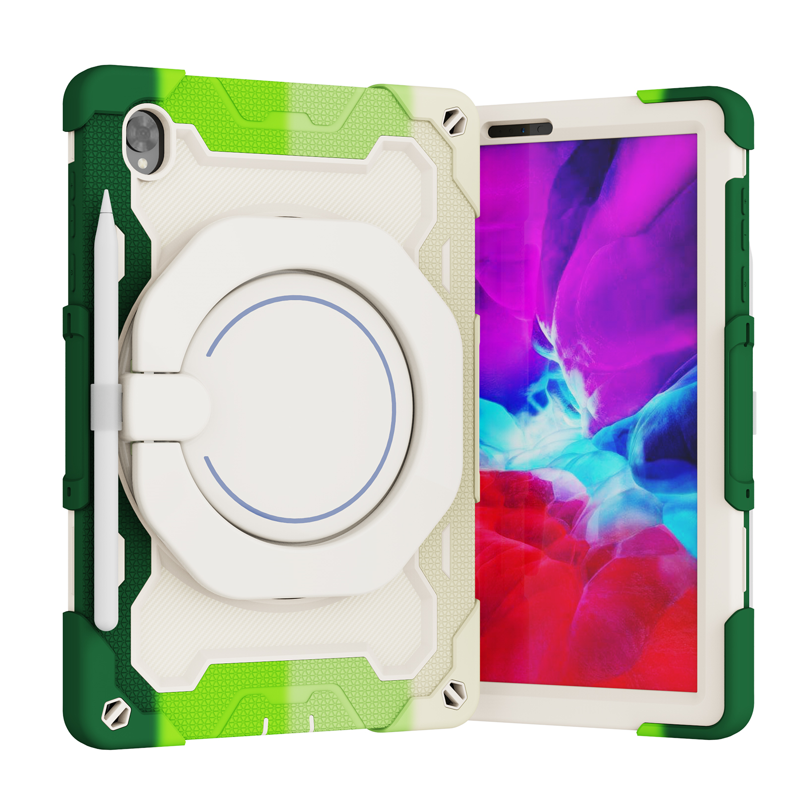 Tablet hoes geschikt voor Lenovo Tab M10 Plus (2de generatie) - 10.3 inch (TB-X606) - Armor Case met Ring - Pencil Houder - Regenboog Groen afbeelding
