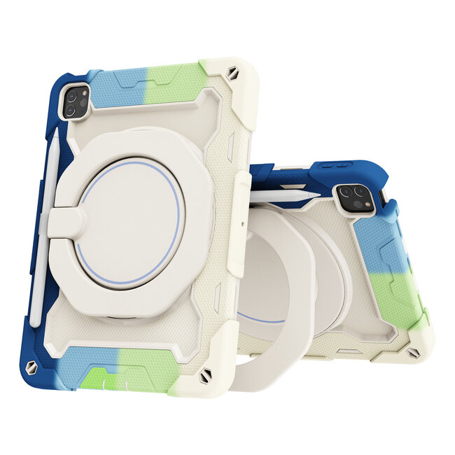 Tablet Hoes geschikt voor Apple iPad Pro 11 (2022/2021/2020/2018) - Armor Case met Ring - Pencil Houder - Regenboog Blauw