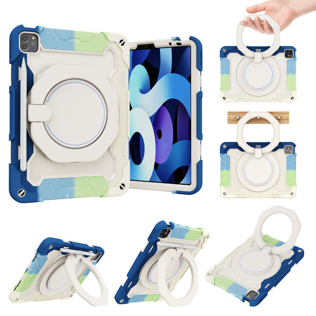 Tablet Hoes geschikt voor Apple iPad Pro 11 (2022/2021/2020/2018) - Armor Case met Ring - Pencil Houder - Regenboog Blauw