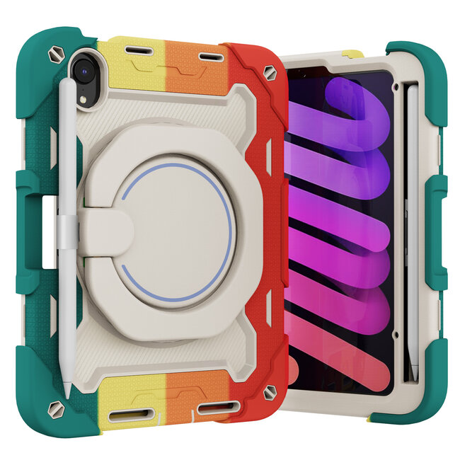 Tablet Hoes geschikt voor Apple iPad Mini 6 (2021) - 8.3 Inch - Armor Case met Ring - Pencil Houder - Regenboog Rood