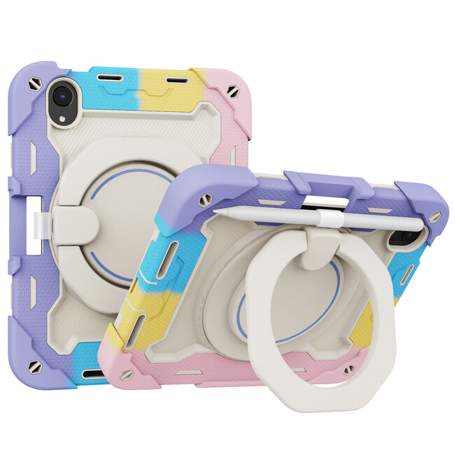 Tablet Hoes geschikt voor Apple Apple iPad Mini 6 (2021) / Mini 7 (2024) - 8.3 Inch - Armor Case met Ring - Pencil Houder - Regenboog Roze