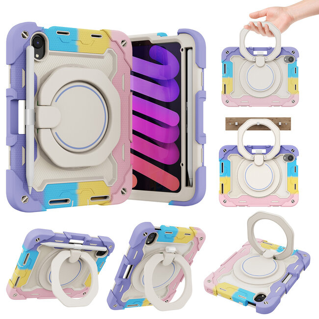 Tablet Hoes geschikt voor Apple Apple iPad Mini 6 (2021) / Mini 7 (2024) - 8.3 Inch - Armor Case met Ring - Pencil Houder - Regenboog Roze