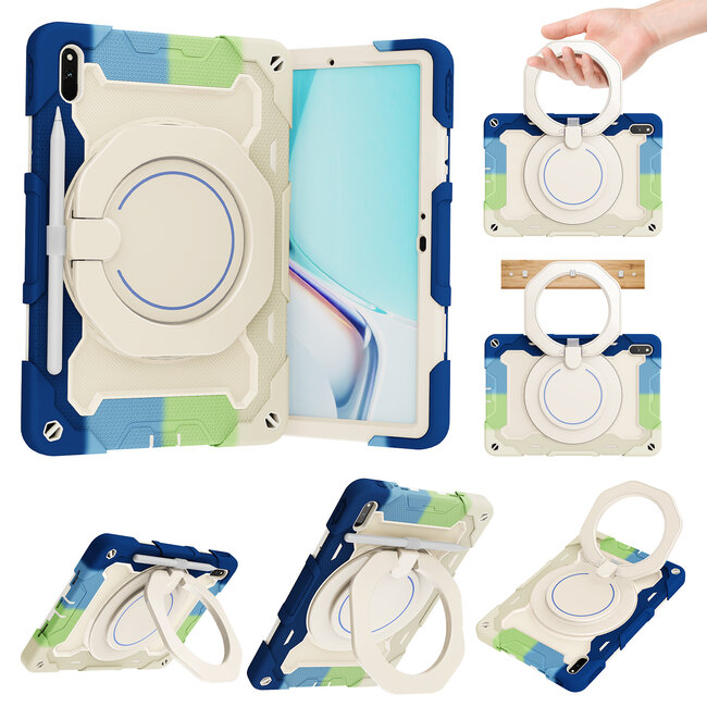 Tablet Hoes geschikt voor Huawei MatePad 11 (2021) - 11 Inch - Armor Case met Ring - Pencil Houder - Regenboog Blauw