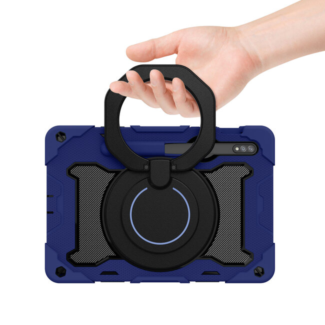 Tablet Hoes geschikt voor Samsung Galaxy Tab S8 (2022) - 11 Inch - Armor Case met Ring - Pencil Houder - Donker Blauw