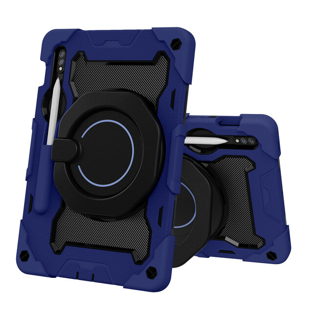 Tablet Hoes geschikt voor Samsung Galaxy Tab S8 (2022) - 11 Inch - Armor Case met Ring - Pencil Houder - Donker Blauw
