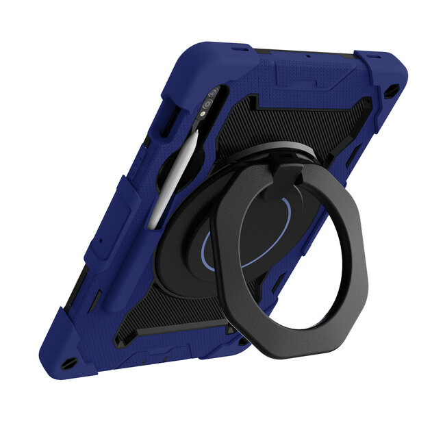 Tablet Hoes geschikt voor Samsung Galaxy Tab S8 (2022) - 11 Inch - Armor Case met Ring - Pencil Houder - Donker Blauw