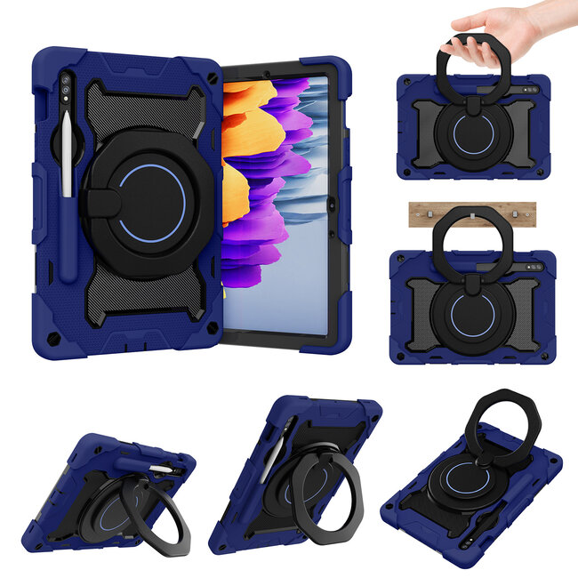 Tablet Hoes geschikt voor Samsung Galaxy Tab S8 (2022) - 11 Inch - Armor Case met Ring - Pencil Houder - Donker Blauw