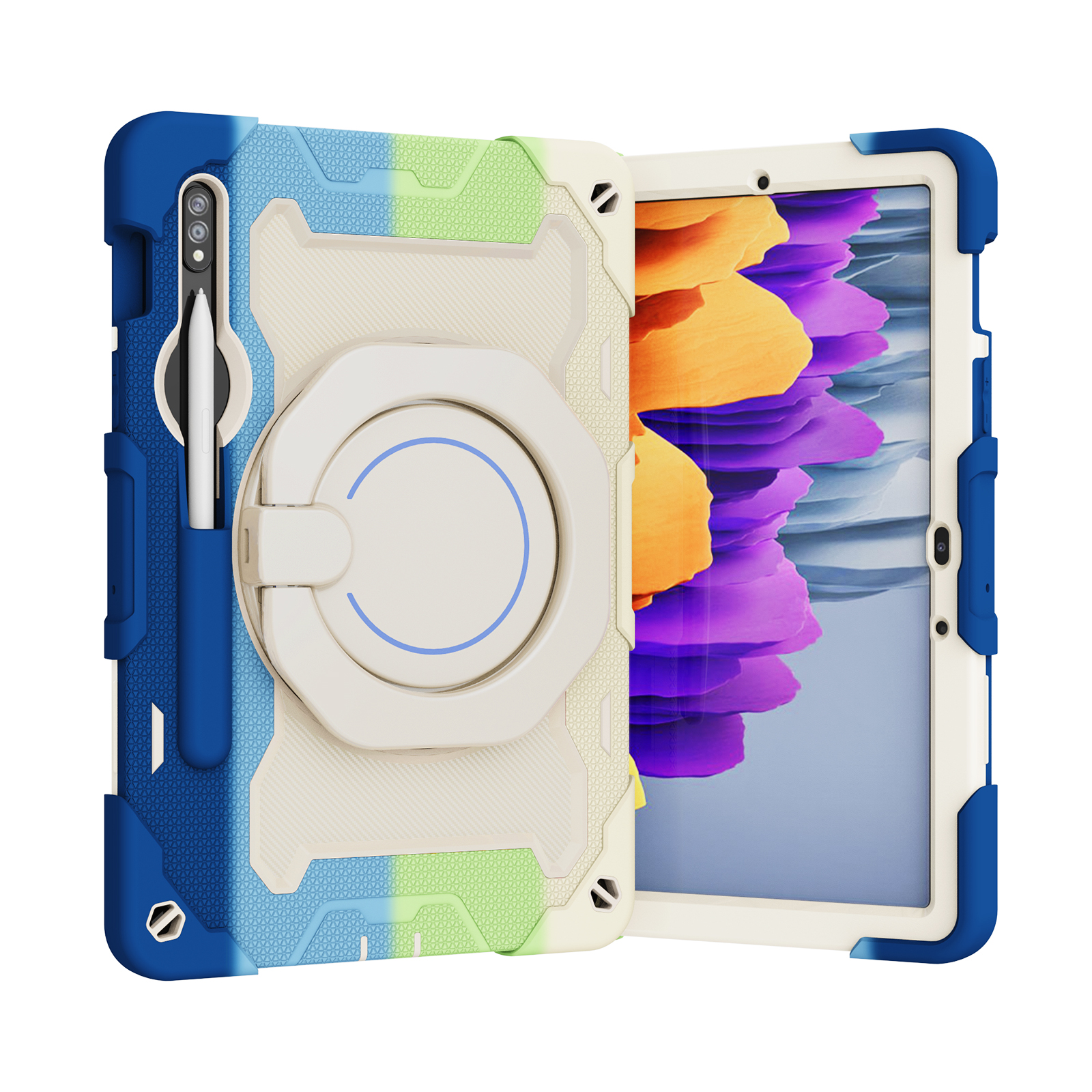 Tablet Hoes geschikt voor Samsung Galaxy Tab S8 (2022) - 11 Inch - Armor Case met Ring - Pencil Houder - Regenboog Blauw afbeelding