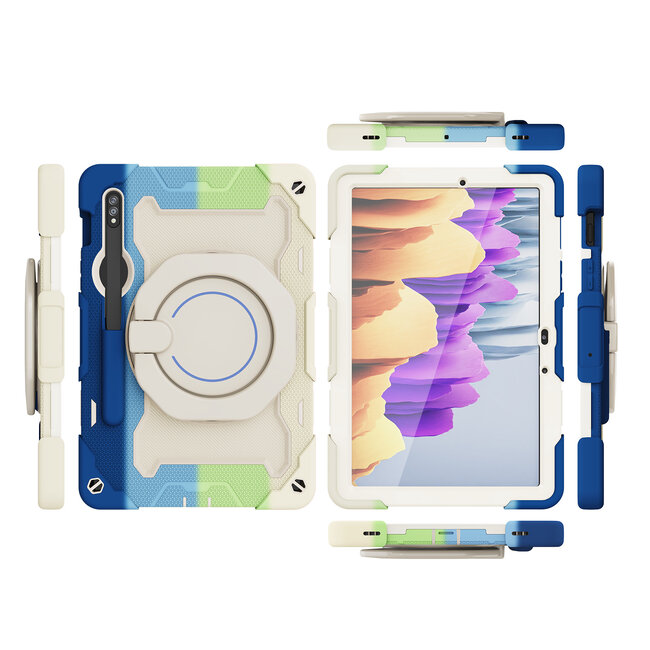 Tablet Hoes geschikt voor Samsung Galaxy Tab S8 (2022) - 11 Inch - Armor Case met Ring - Pencil Houder - Regenboog Blauw