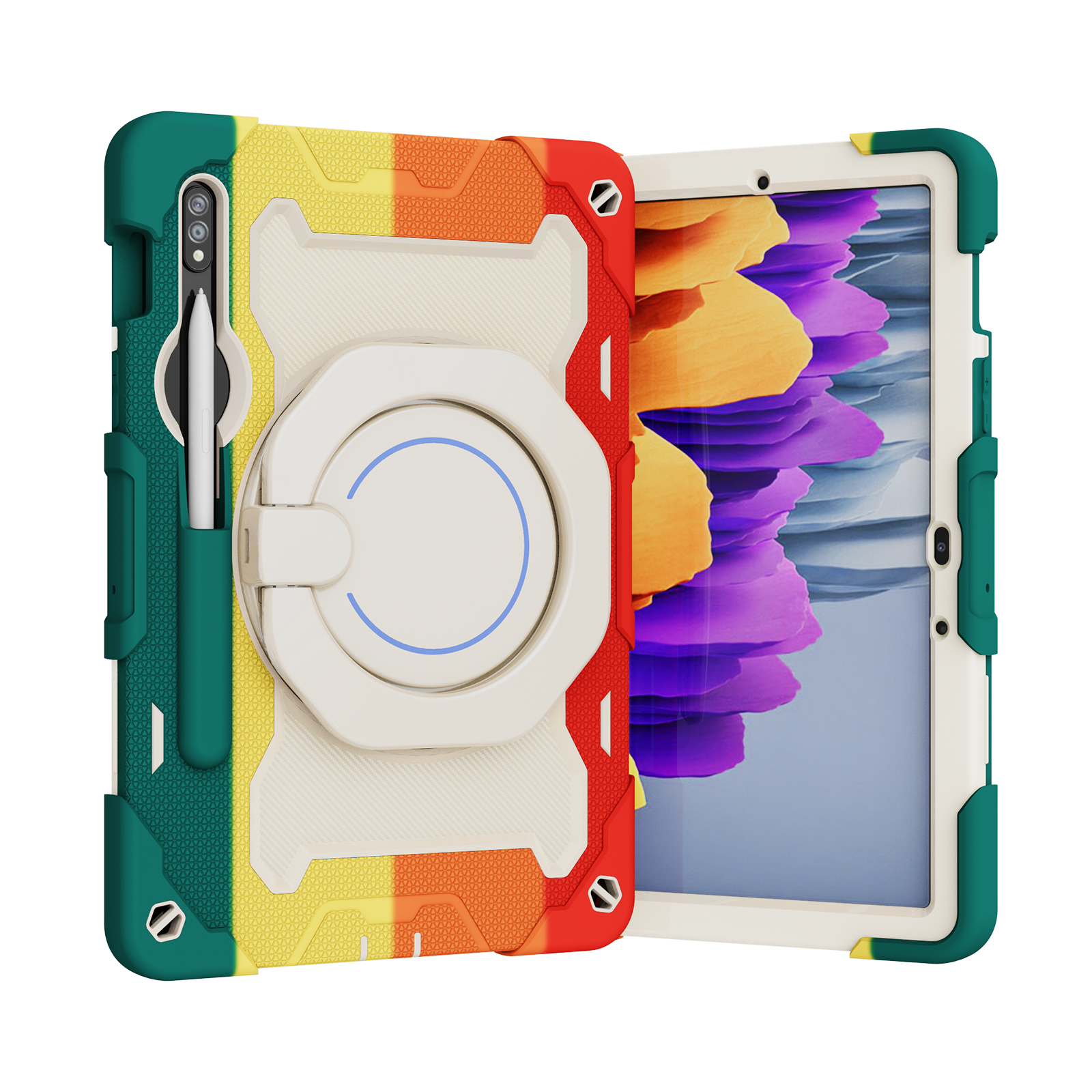Tablet Hoes geschikt voor Samsung Galaxy Tab S8 (2022) - 11 Inch - Armor Case met Ring - Pencil Houder - Regenboog Rood afbeelding