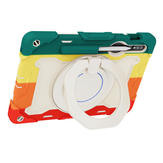 Tablet Hoes geschikt voor Samsung Galaxy Tab S8 (2022) - 11 Inch - Armor Case met Ring - Pencil Houder - Regenboog Rood
