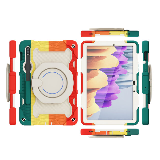Tablet Hoes geschikt voor Samsung Galaxy Tab S8 (2022) - 11 Inch - Armor Case met Ring - Pencil Houder - Regenboog Rood
