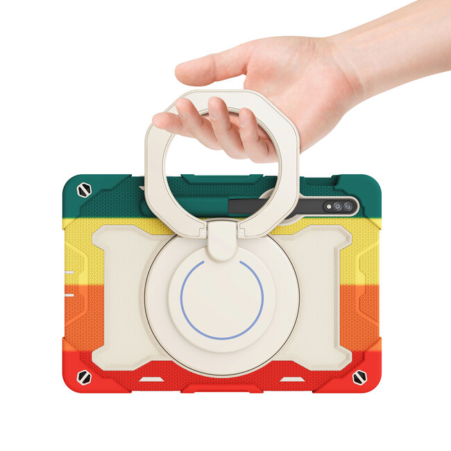 Tablet Hoes geschikt voor Samsung Galaxy Tab S8 (2022) - 11 Inch - Armor Case met Ring - Pencil Houder - Regenboog Rood