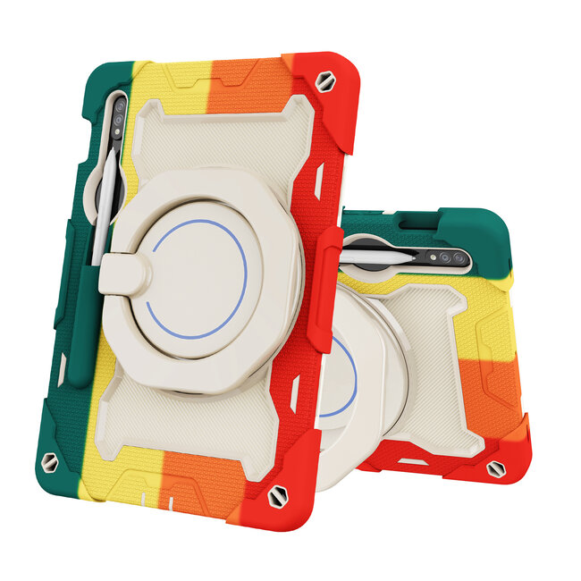 Tablet Hoes geschikt voor Samsung Galaxy Tab S8 (2022) - 11 Inch - Armor Case met Ring - Pencil Houder - Regenboog Rood