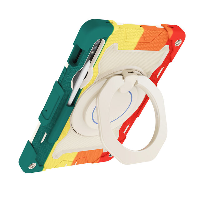 Tablet Hoes geschikt voor Samsung Galaxy Tab S8 (2022) - 11 Inch - Armor Case met Ring - Pencil Houder - Regenboog Rood
