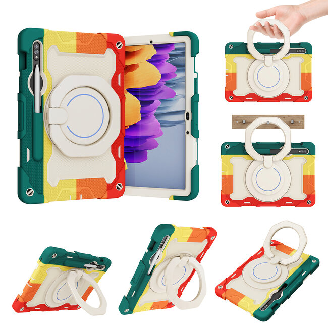 Tablet Hoes geschikt voor Samsung Galaxy Tab S8 (2022) - 11 Inch - Armor Case met Ring - Pencil Houder - Regenboog Rood