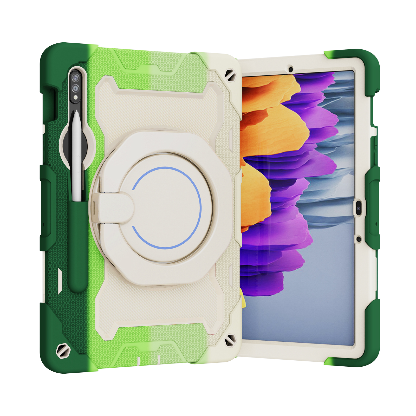 Tablet Hoes geschikt voor Samsung Galaxy Tab S7 (2020) - 11 Inch - Armor Case met Ring - Pencil Houder - Regenboog Groen afbeelding