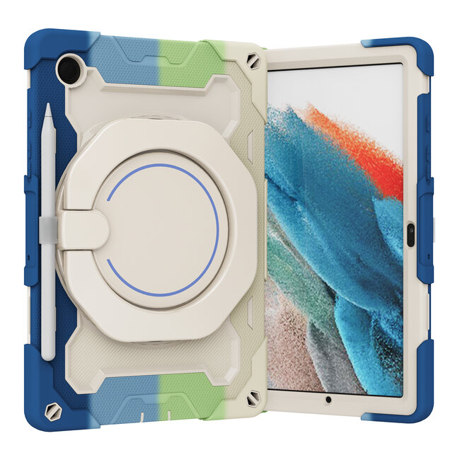 Tablet Hoes geschikt voor Samsung Galaxy Tab A8 (2022 &amp; 2021) - 10.5 Inch - Armor Case met Ring - Pencil Houder - Regenboog Blauw