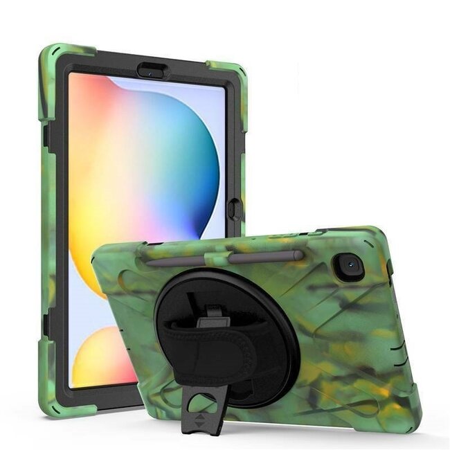 Tablet hoes geschikt voor Samsung Galaxy Tab S6 Lite (2022) - Hand Strap Armor Case Met Pencil Houder - Camouflage