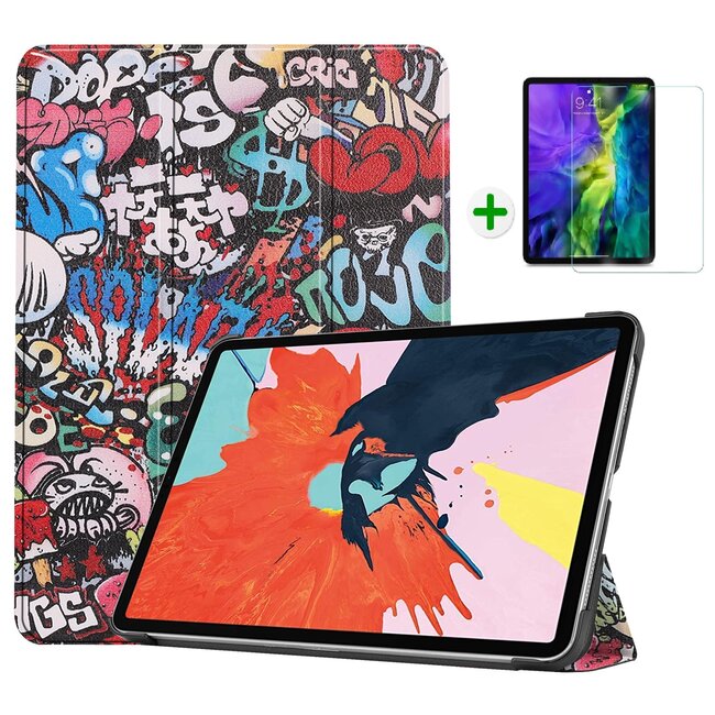 Case2go - Tablethoes en screenprotector geschikt voor iPad Air 10.9 2020/2022 - 10.9 inch - hoes en Screenprotector - Tablet hoes met Auto sleep/wake Functie - Graffiti