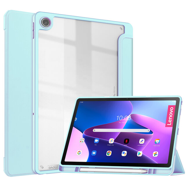 Case2go - Tablet Hoes geschikt voor Lenovo Tab M10 Plus (3rd Gen) - 10.6 Inch - Tri-Fold Transparante Cover - Met Pencil Houder - Licht Blauw