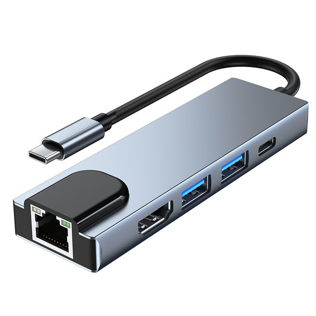Case2go - USB 5 in1 - Type c naar HDMI - Aluminium - Grijs