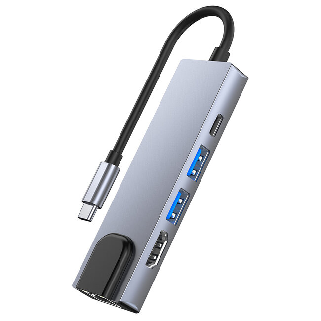 Case2go - USB 5 in1 - Type c naar HDMI - Aluminium - Grijs