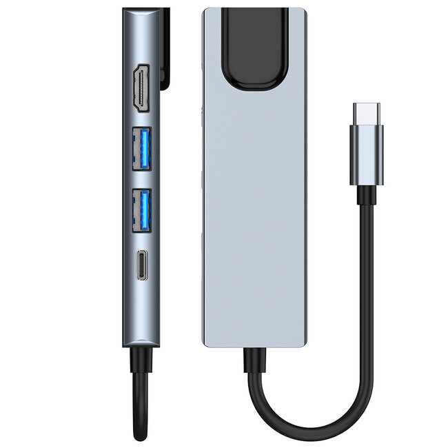 Case2go - USB 5 in1 - Type c naar HDMI - Aluminium - Grijs