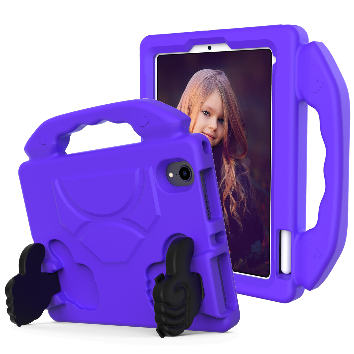Tablet hoes geschikt voor iPad Mini 6 (2021) - Schokbestendige case met handvat - Thumbs Kids Cover - Paars afbeelding