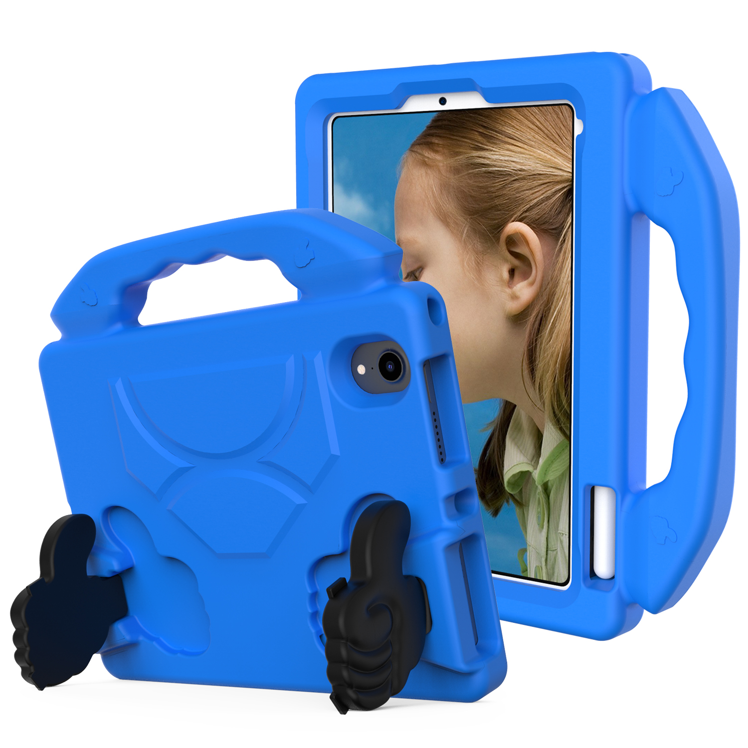 Tablet hoes geschikt voor iPad Mini 6 (2021) - Schokbestendige case met handvat - Thumbs Kids Cover - Blauw afbeelding