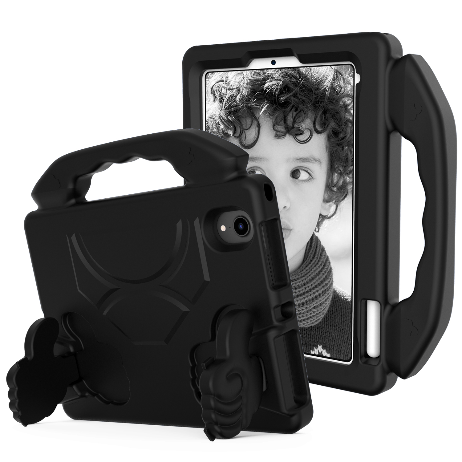 Tablet hoes geschikt voor iPad Mini 6 (2021) - Schokbestendige case met handvat - Thumbs Kids Cover - Zwart afbeelding