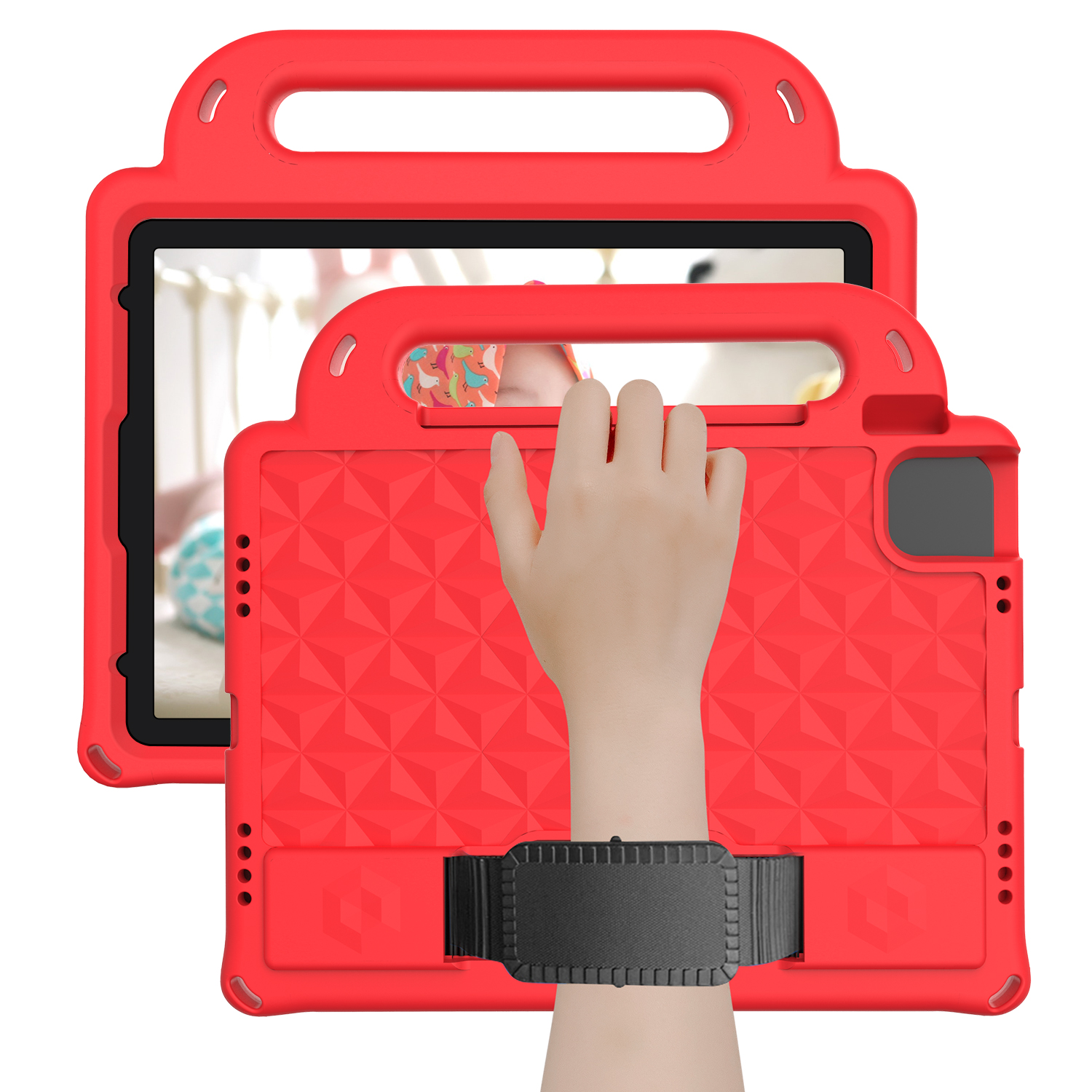 Tablet hoes geschikt voor Apple iPad Air 10.9 (2022/2020) / Apple iPad Air 11 (2024) - Schokbestendige case met handvaten - Diamond Kids Cover met schouderriem - Rood afbeelding