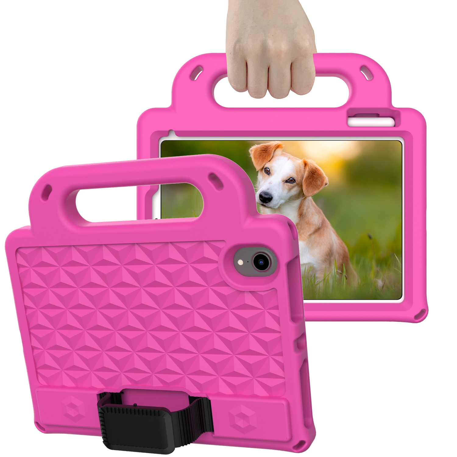 Tablet hoes geschikt voor iPad Mini 6 (2021) - Schokbestendige case met handvaten - Diamond Kids Cover met schouderriem - Magenta afbeelding
