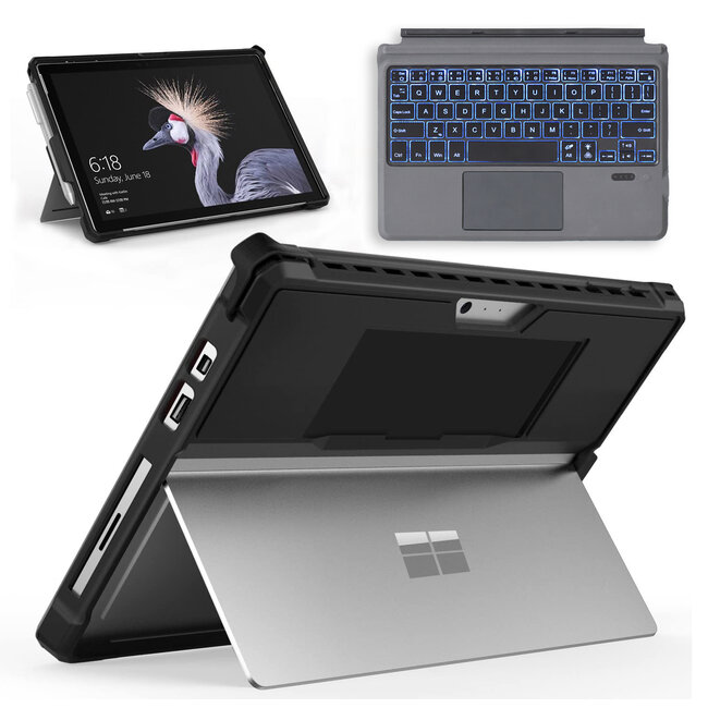Toetsenbord &amp; Tablet Hoes met schouderband geschikt voor Microsoft Surface Pro 3/4/5/6/7 - Bluetooth Toetsenbord met Verlichting en Touchpad - Zwart