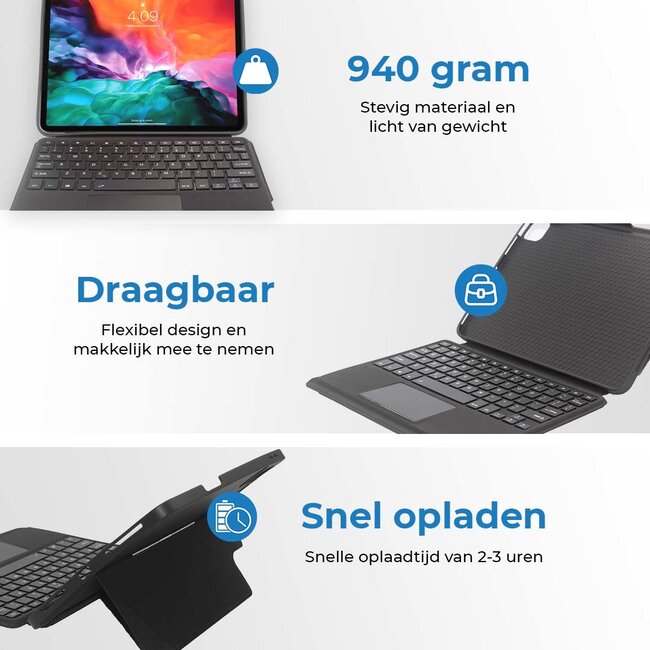 Case2go - Toetsenbord hoes geschikt voor iPad Pro 12.9 (2018/2020/2021) - Toets verlichting en Touchpad - QWERTY Layout - Zwart