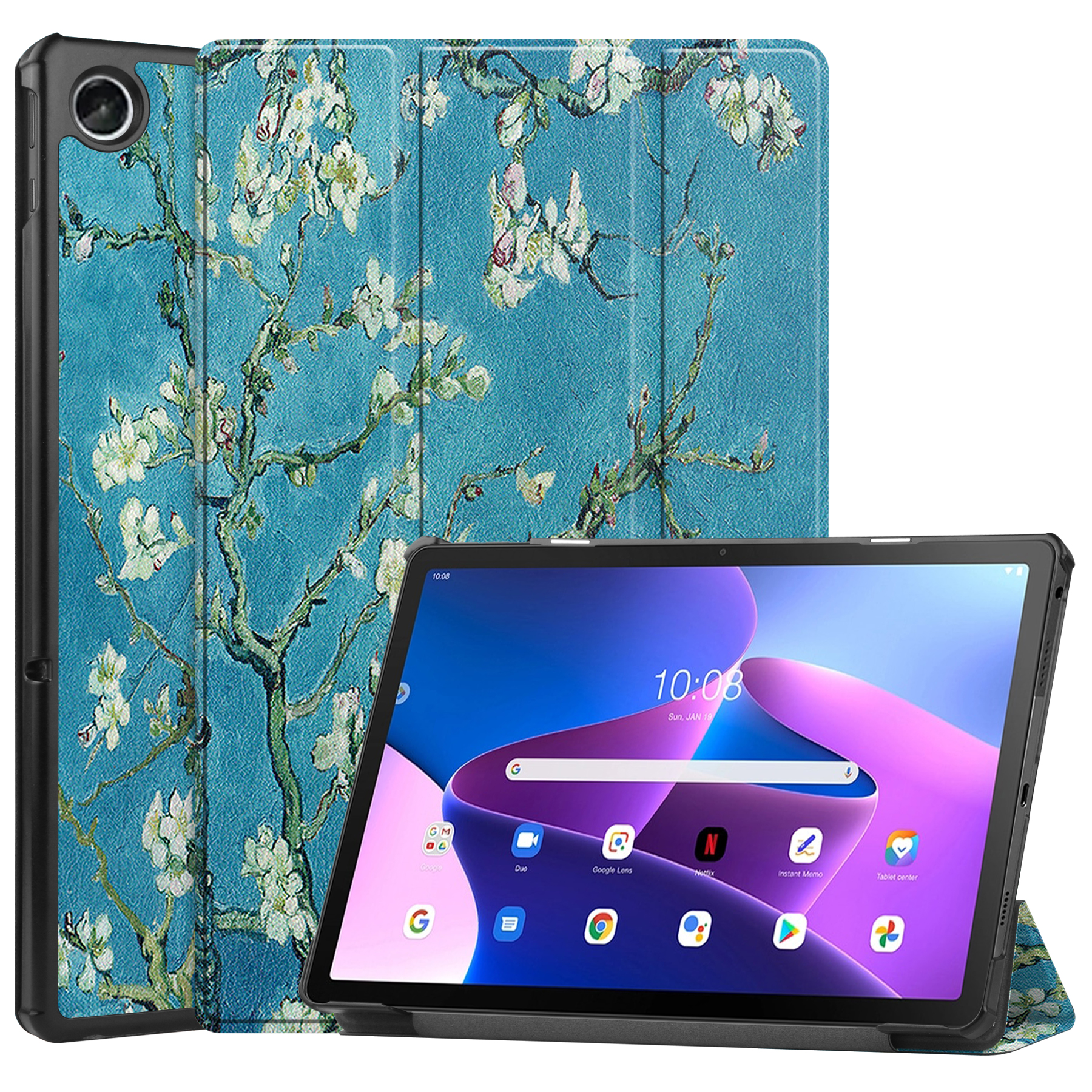 Tablet Hoes &amp; Screenprotector voor Lenovo Tab M10 Plus (3e gen) tablet hoes en screenprotector - 2 in 1 cover - 10.6 inch - Tri-Fold Book Case - Witte Bloesem afbeelding
