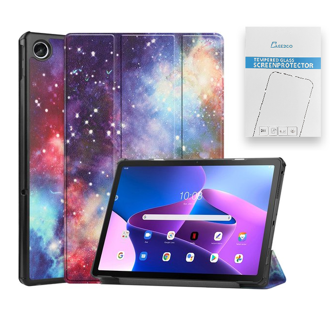 Tablet Hoes &amp; Screenprotector geschikt voor Lenovo Tab M10 Plus (3e gen) tablet hoes en screenprotector - 2 in 1 cover - 10.6 inch - Tri-Fold Book Case - Galaxy