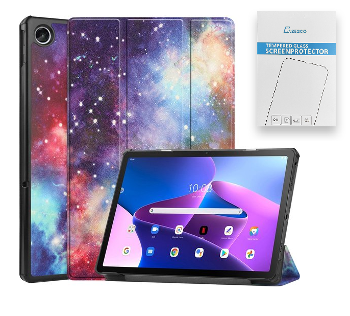 Tablet Hoes &amp; Screenprotector geschikt voor Lenovo Tab M10 Plus (3e gen) tablet hoes en screenprotector - 2 in 1 cover - 10.6 inch - Tri-Fold Book Case - Galaxy afbeelding