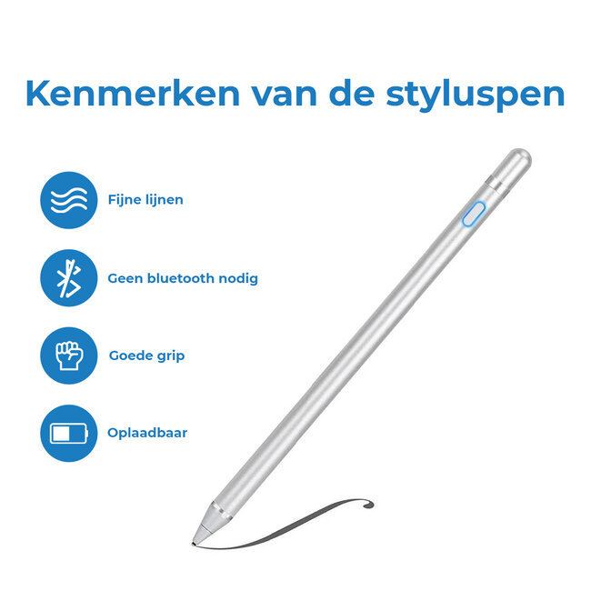 Active Stylus Pen voor Tablet en Smartphone - Stylus Pen geschikt voor IOS, Android en Windows Tablets en Telefoons - Oplaadbaar - Zilver