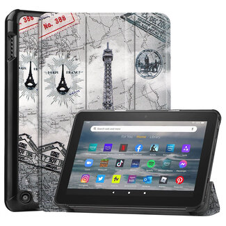 CaseMe Tablet hoes geschikt voor Amazon Fire 7 (2022) tri-fold hoesje - book case met auto/wake functie - Eiffeltoren