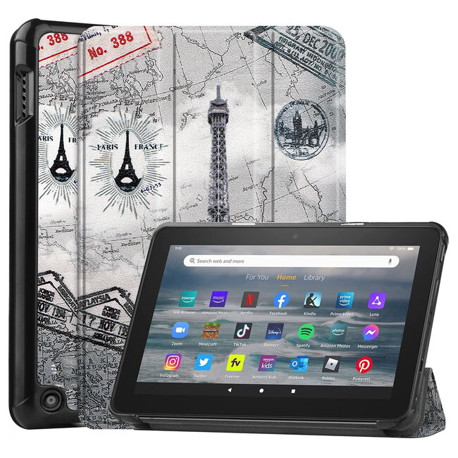Tablet hoes geschikt voor Amazon Fire 7 (2022) tri-fold hoesje - book case met auto/wake functie - Eiffeltoren
