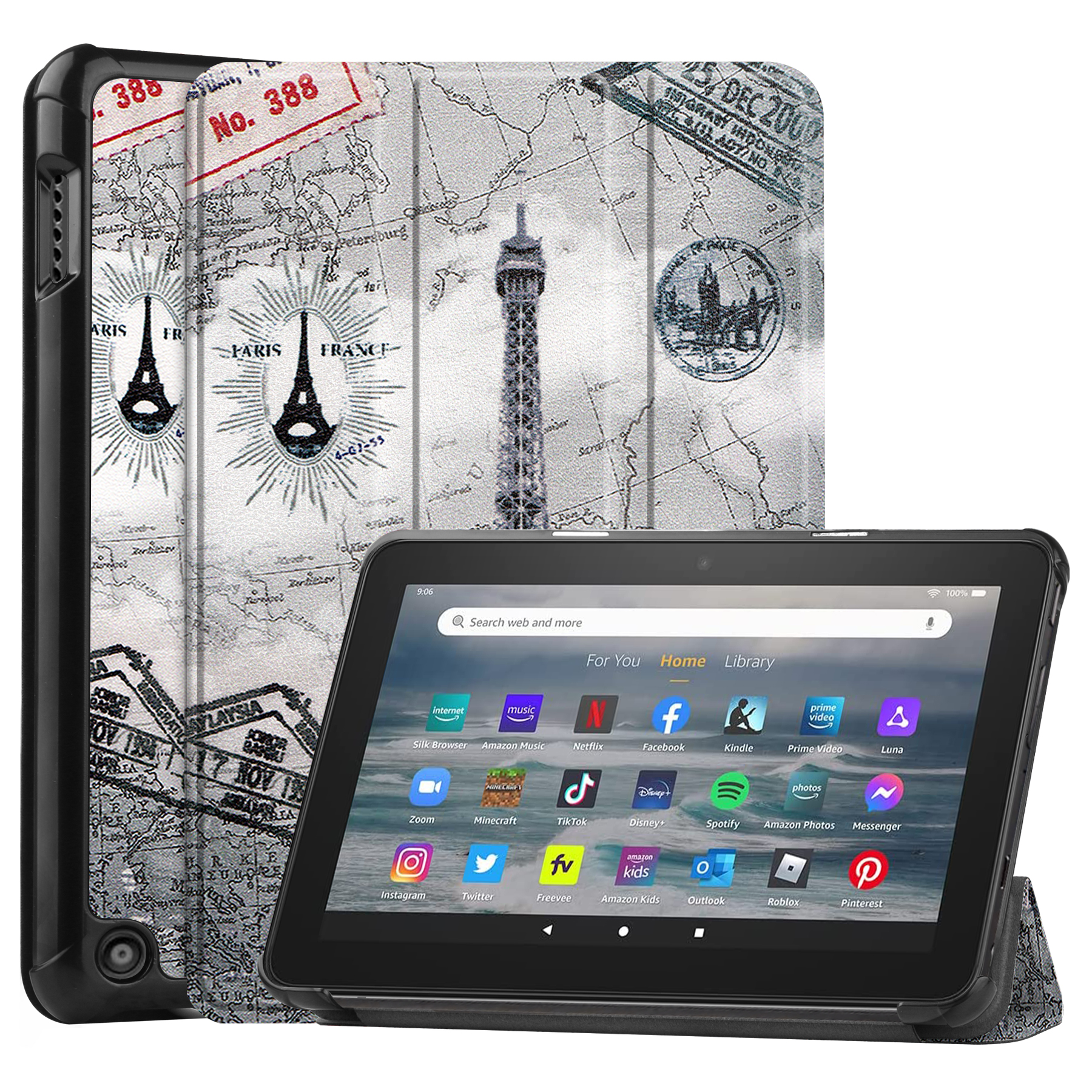 Tablet hoes geschikt voor Amazon Fire 7 (2022) tri-fold hoesje - book case met auto/wake functie - Eiffeltoren afbeelding