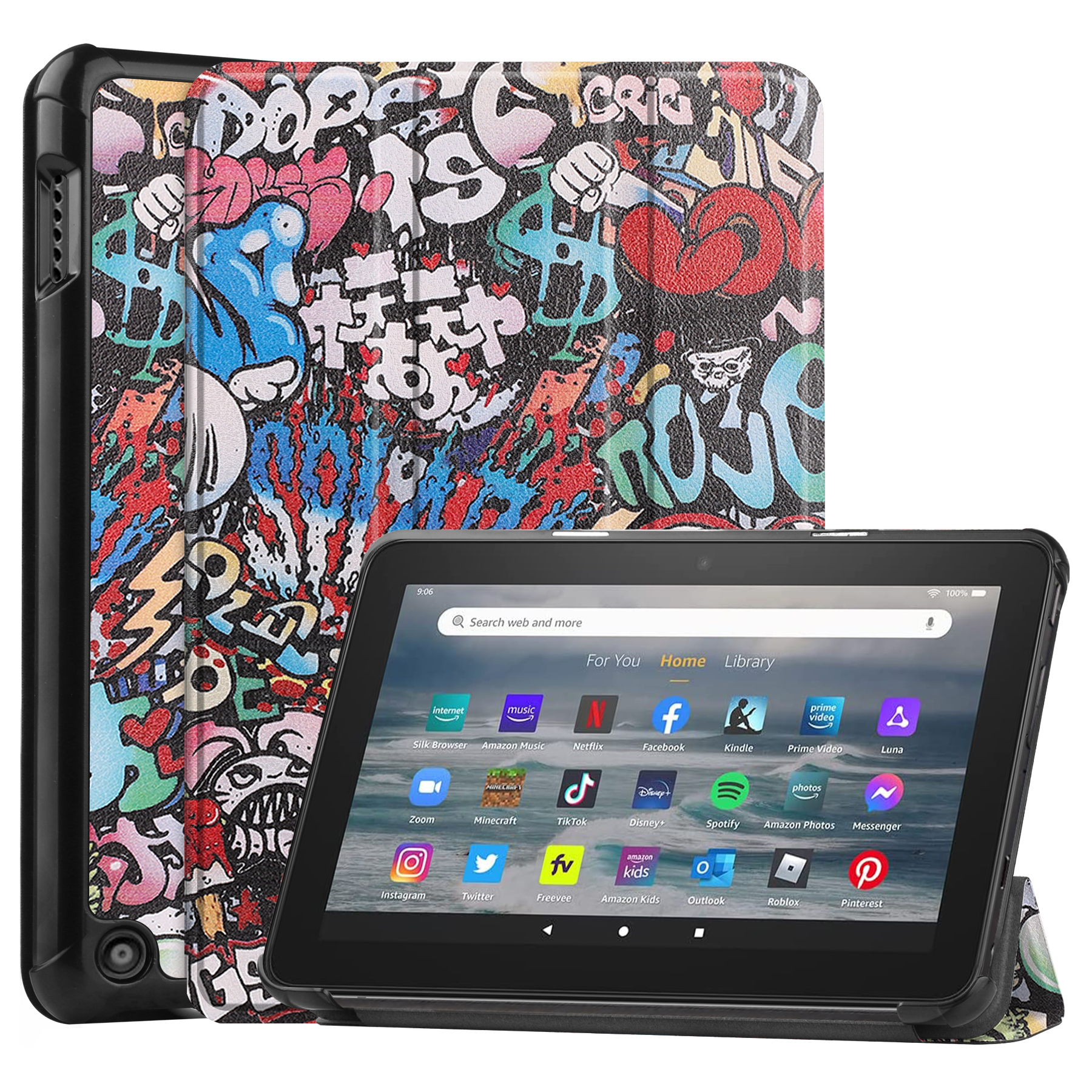 Tablet hoes geschikt voor Amazon Fire 7 (2022) tri-fold hoesje - book case met auto/wake functie - Graffiti afbeelding